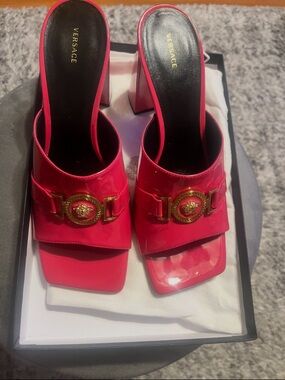 Versace Hot Pink Patent Medusa Buckle Block Heel Mules